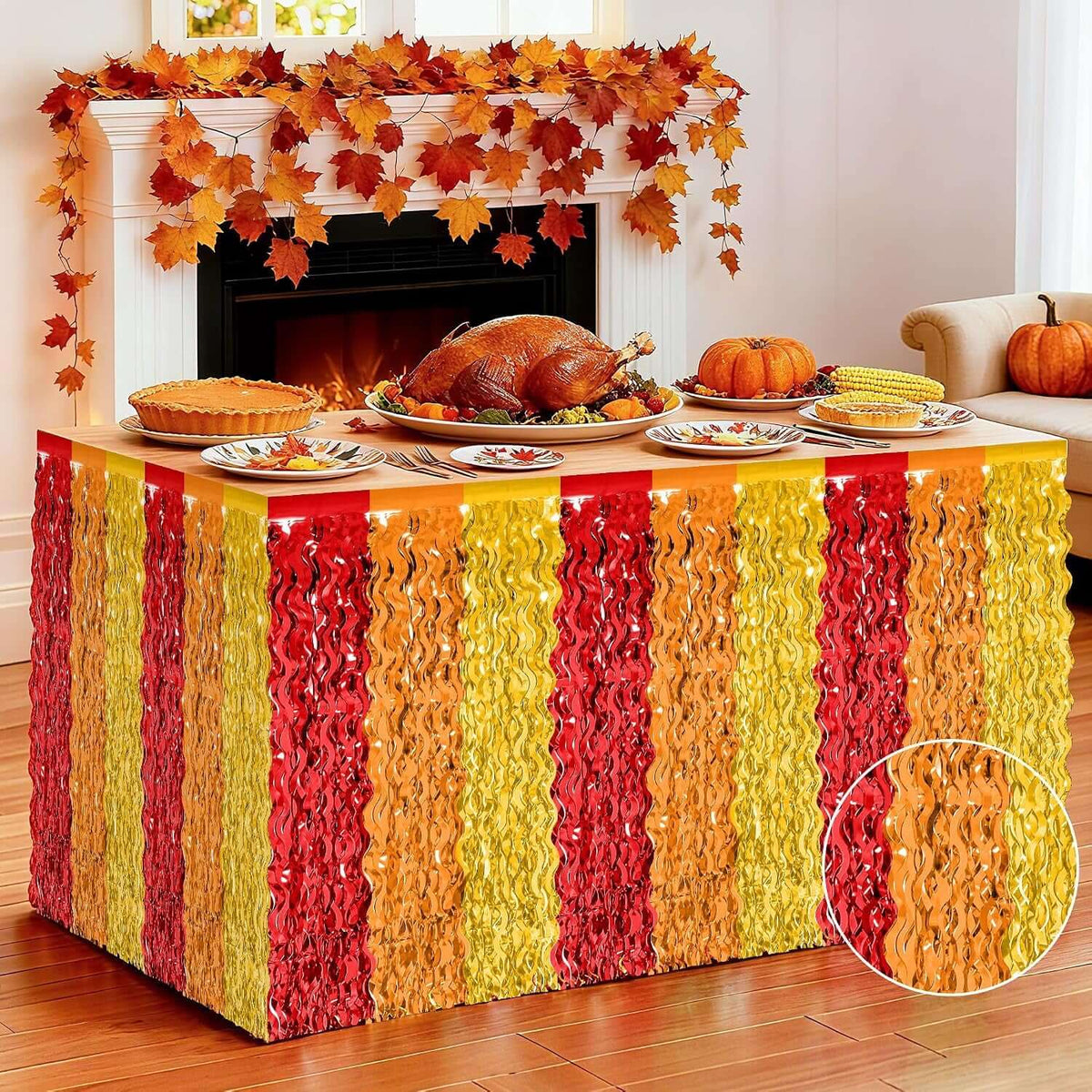 Thanksgiving Table Skirt Decor, 2 Pack Red Orange Gold Desk Skirts Decorations, Metallic Thanksgiving Wavy Tinsel Foil Fringe Table Skirts, Foli Table Skirt for Fall Holiday Party Backdrop Decor
