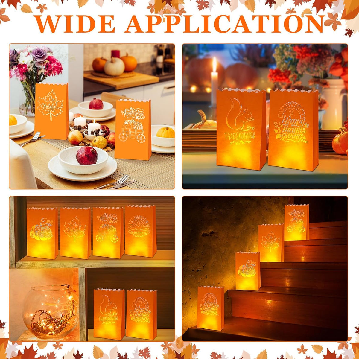 24 Thanksgiving Luminary Bags with LED Lights, 6 Designs Orange | Flame Resistant Paper Lantern for Party, Includes Flameless Candles, Squirrel Turkey Pumpkin Maple Leaf Autumn Patterns