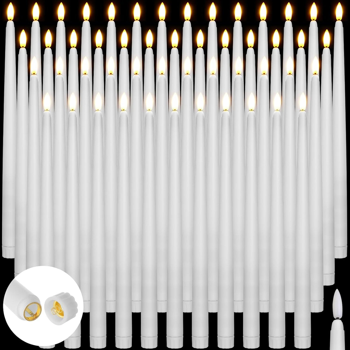 50 Pcs Extra Long Flameless Taper Candles 12.4 Inch Battery Operated Taper Candle Bulk LED Flickering White Candlesticks for Wedding Church Table Centerpiece Halloween Christmas Party Decor