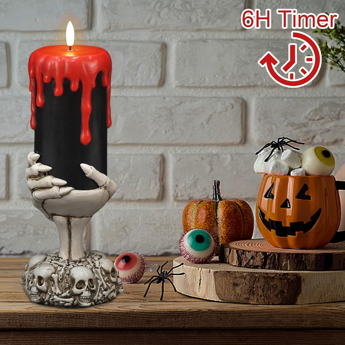 Black Flameless Pillar Candle Battery Operated with 6 Hour Timer | 3D Wick Flickering LED Candles, Blood Dripping Wax, Skeleton Hand Holder, Halloween Indoor Table Decor, 4"D X 11"H