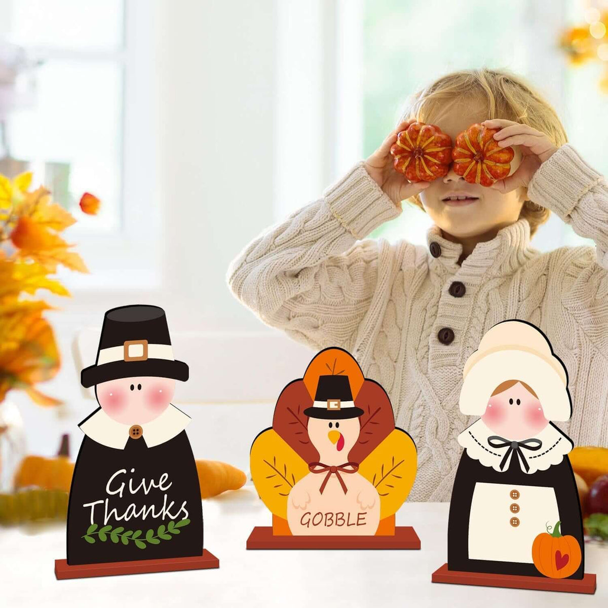 3Pcs Thanksgiving Decorations Wooden Table Centerpiece Thanksgiving Table Decorations Turkey Pilgrim Couple Table Topper for Autumn Harvest Party Home Office Tiered Tray Decor