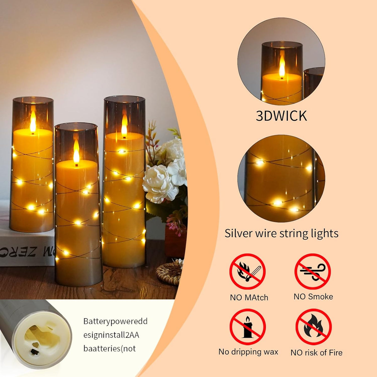 Flameless Candles,With Embedded Star String, Battery Operated Candles Flickering LED Pillar Candles with Remote Control and Timer, Home Decoration Add a Warm and Romantic Atmosphere，Set of 7 (Grey)