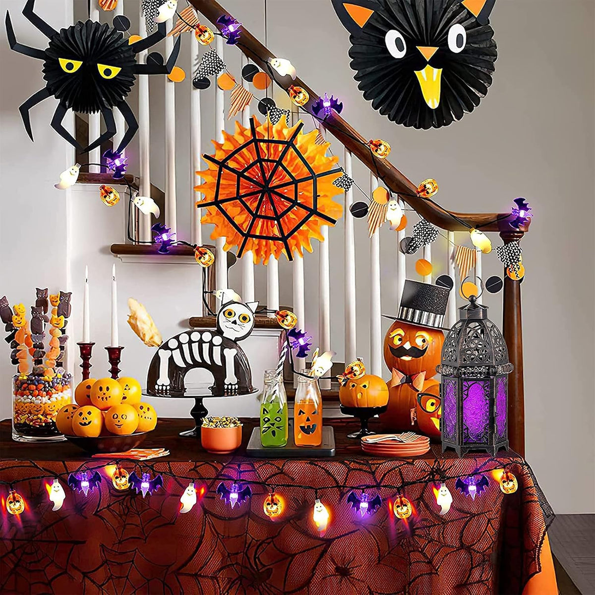 Halloween Decorations Indoor, Purple Decorative Candle Lantern for Moroccan Light Decor, 12.8’’ Vintage Metal Hanging&Tabletop Lantern, Ramadan Lantern for Home Outdoor Patio(Purple)