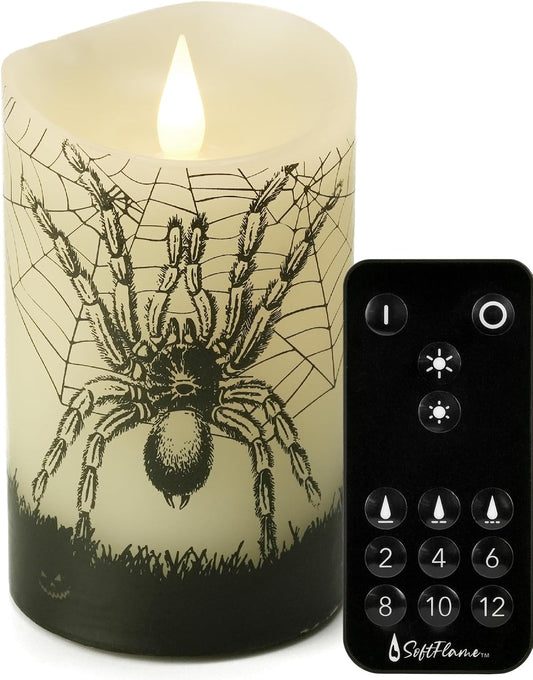 Halloween Flameless LED Candles with Remote Control, 3"X 5"Battery Operated Pillar Real Wax with Timer for Halloween Decorations, Spider Candle
