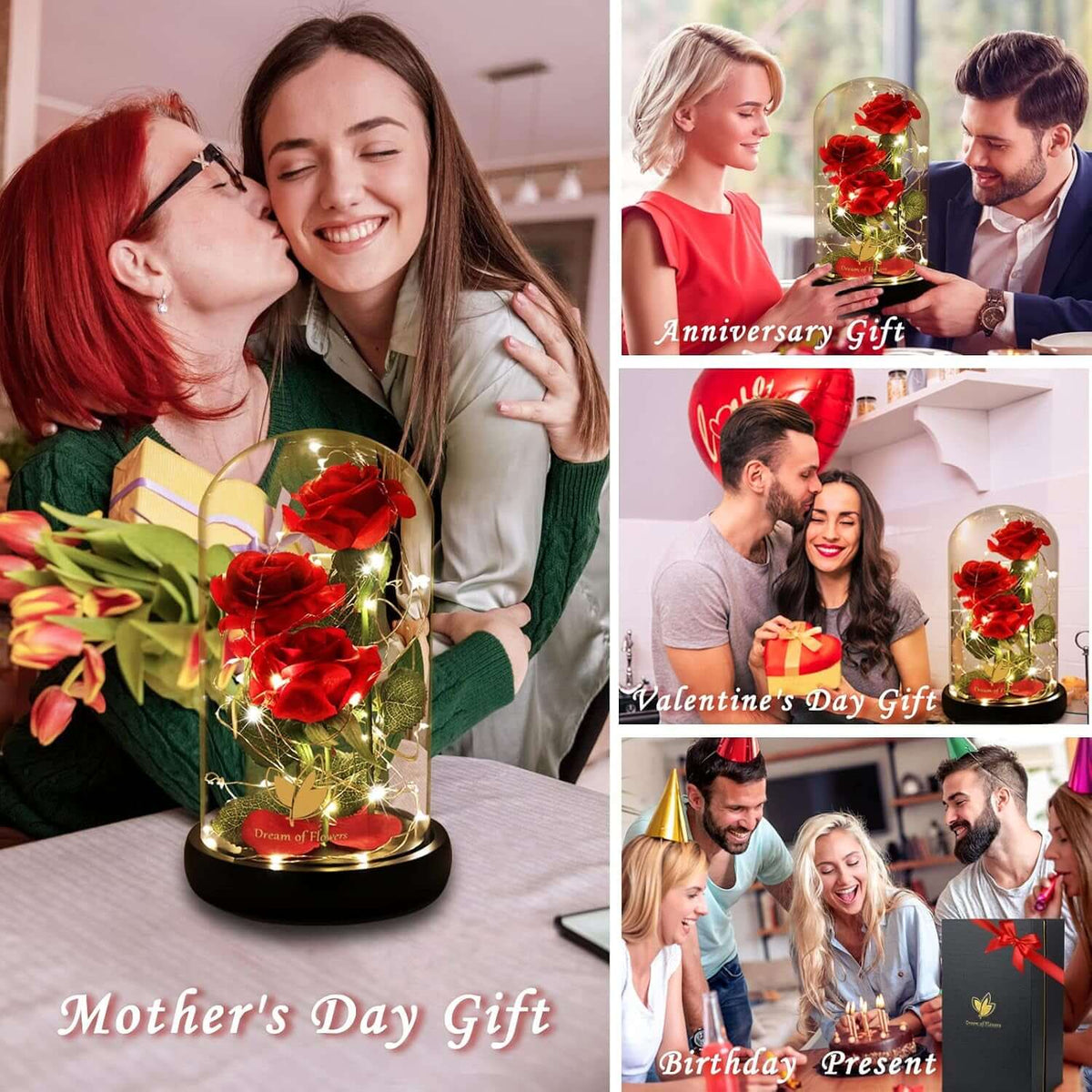 Gifts for Mom Mothers Day Birthday Gifts for Women,Beauty and the Beast Rose in Glass Dome,Anniversary Rose Gifts for Wife,Romantic Red Silk Rose Flower Gifts for Women