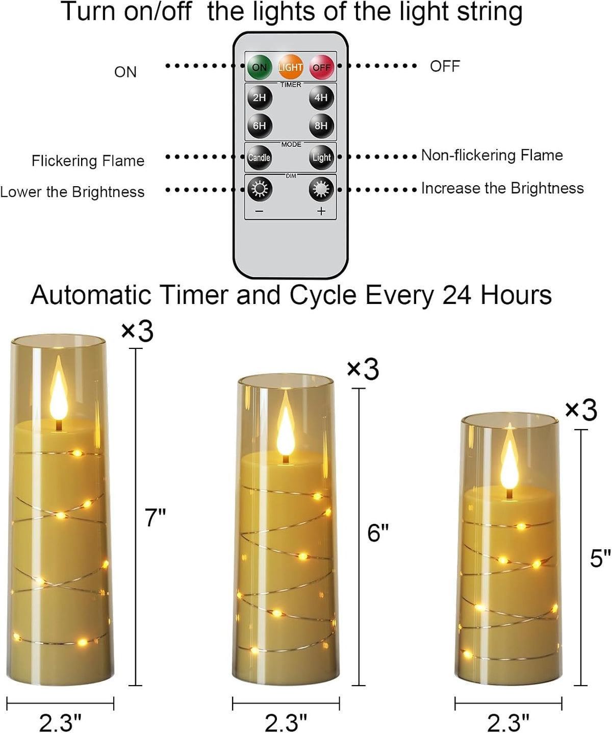 Flickering Flameless Candles with Remote Timer, 9 Pack Battery Operated Candles with Embedded Star String, Black LED Candle for Valentine'S Day Wedding Decor