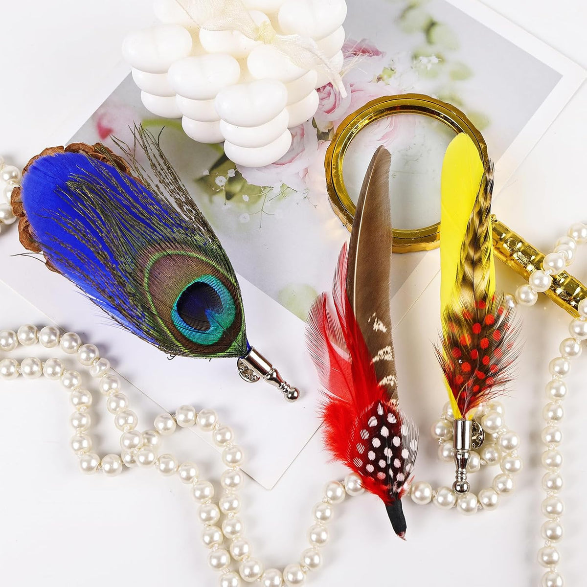 3PCS Natural Hat Feathers Handmade Alloy Feathers Brooch for DIY Craft Fedora Cowboy Oktoberfest Trilby Hats Holiday Party Accessories Decorations