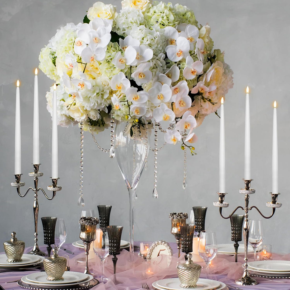 50 Pcs Extra Long Flameless Taper Candles 12.4 Inch Battery Operated Taper Candle Bulk LED Flickering White Candlesticks for Wedding Church Table Centerpiece Halloween Christmas Party Decor