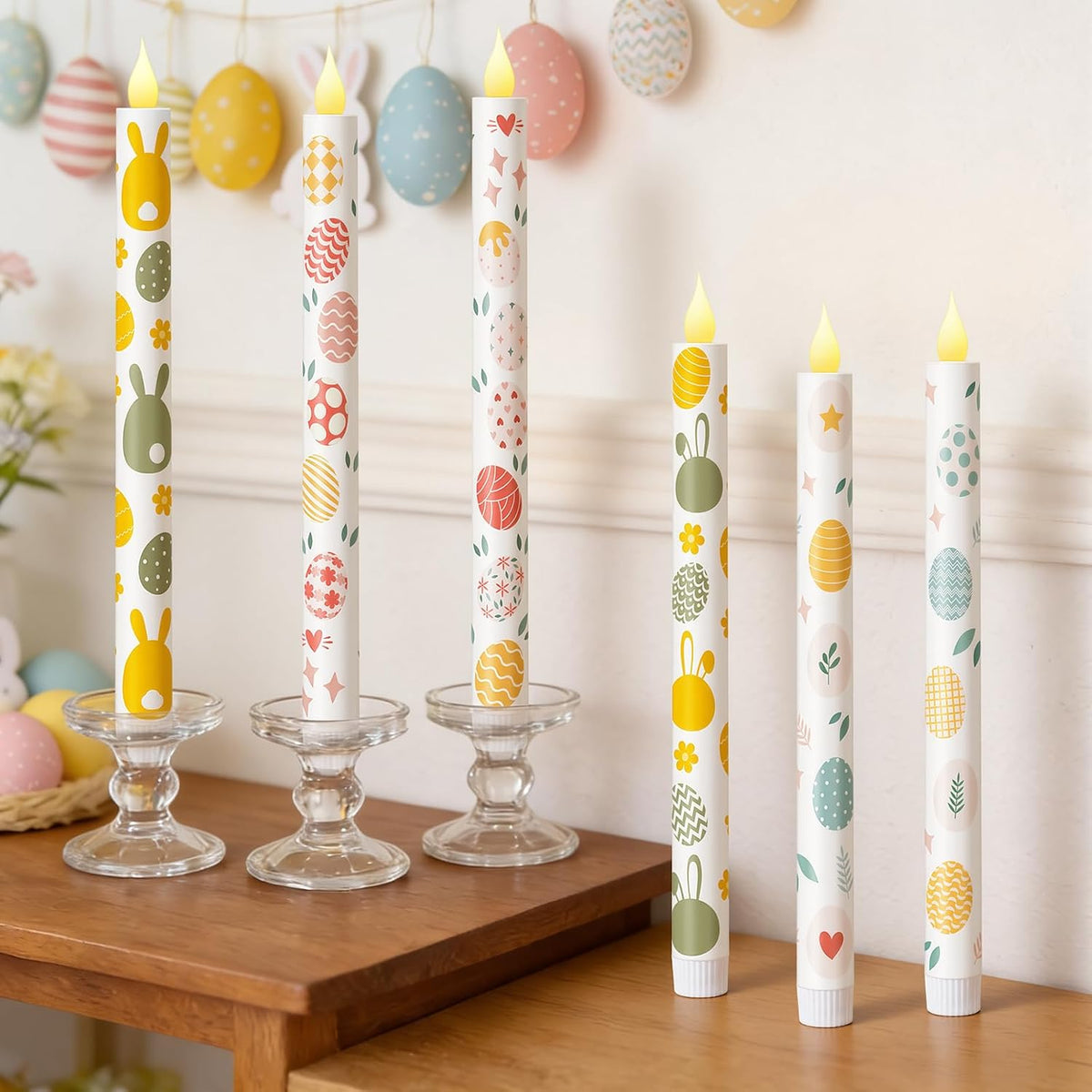 6 Pcs Easter Flameless Taper Candles 10.6 Inch Colorful Egg Bunny Candles Battery Operated LED Candlesticks for Easter Dinner Table Home Party Decor