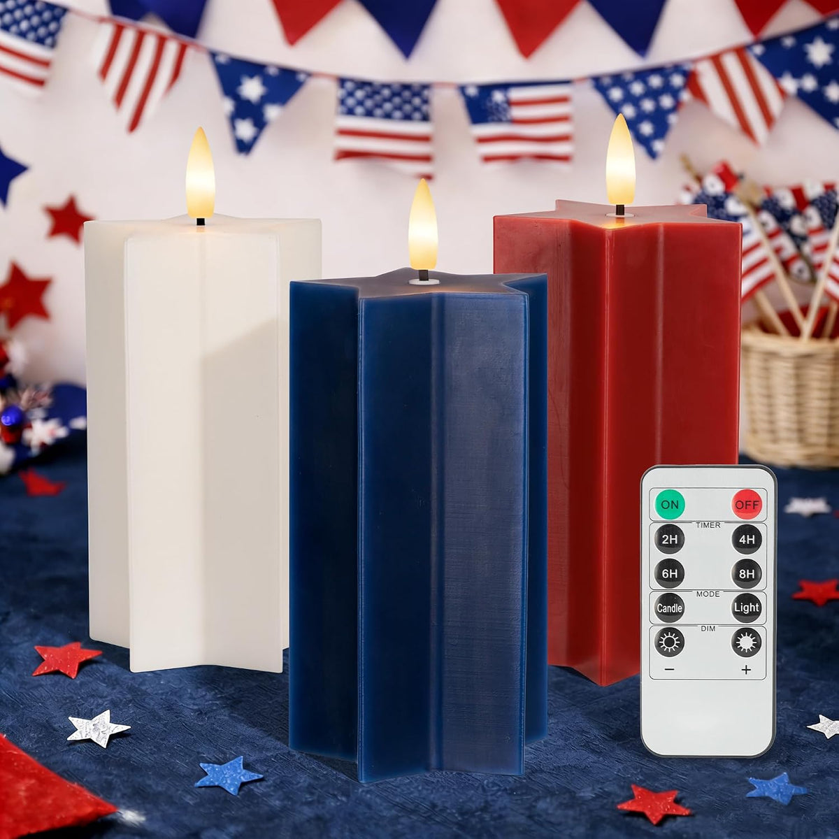 4Th of July Flameless Candles with Remote, Red White and Blue LED Candles | Battery Operated Patriotic Decorative Candles, Star Shaped, Real Wax, for Independence Day Home Party Decor, Set of 3