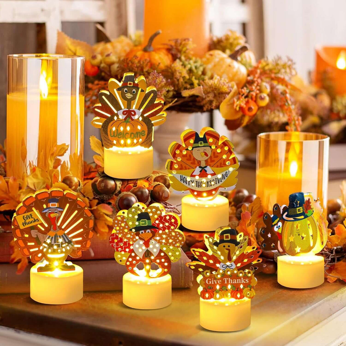 12 PCS Turkey Tea Lights Candles Thanksgiving Flameless Tealight Candles | Battery Operated LED Flameless Candles, Thanksgiving Table Decorations Centerpieces for Home Kitchen Indoor Party Fall Decor
