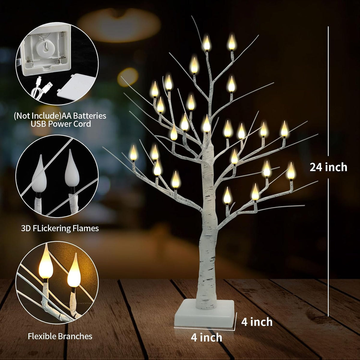 2Ft Candle Light Trees for Decoration Indoor, Twinkle Tree with 24LED Flameless Candles Lights, Usb/Battery Operated Birch Tree Candles for Home Tabletop Mantel Christmas Birthday Party Decor