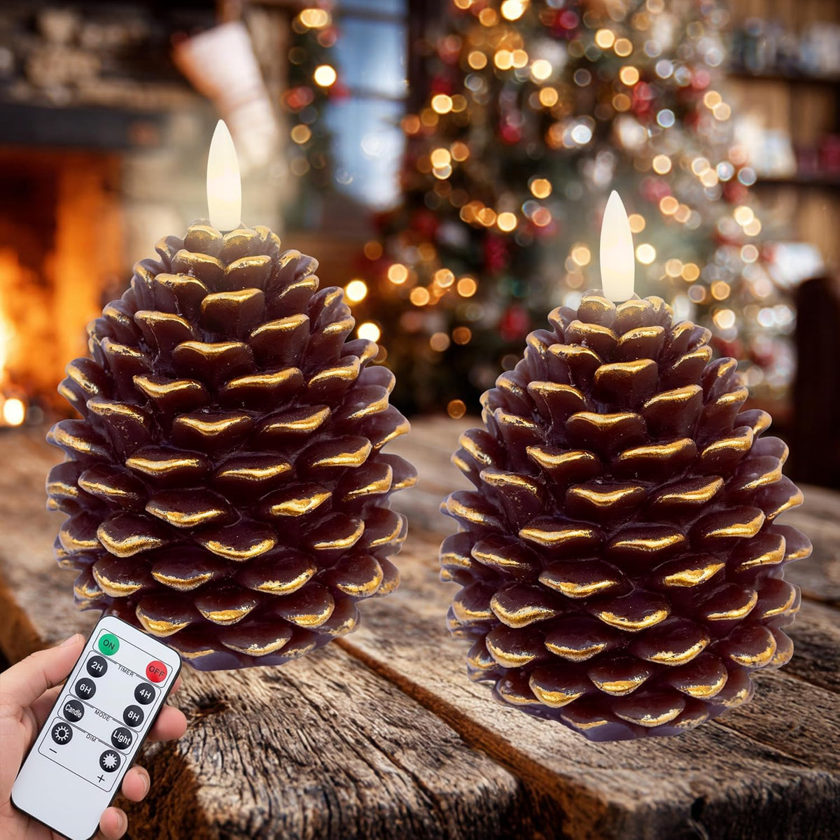 Pine Cone Candles, 2 Pack Flameless LED Wax Timer (Golden Brown) | Flameless LED Pine Cone Candles with Remote & Timer – Real Wax, Flickering Flame, Christmas & Fall Decor