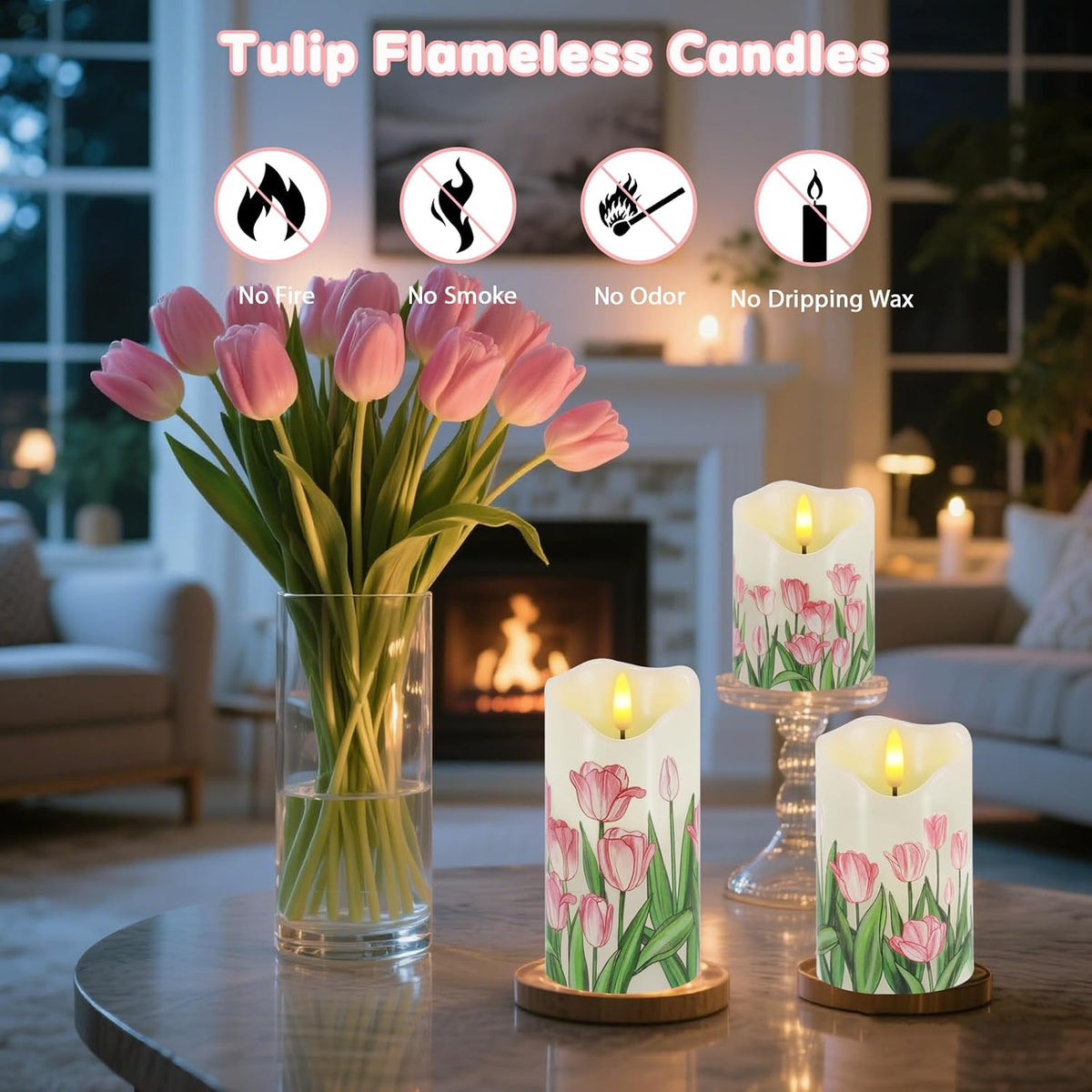 Tulip Flameless Candles Set of 3, Spring LED Candles with Remote & Timer | Flickering Real Wax Pillar Candles Battery Operated, Dimmable Electric LED Candles Light for Mother'S Day Spring Easter Decor