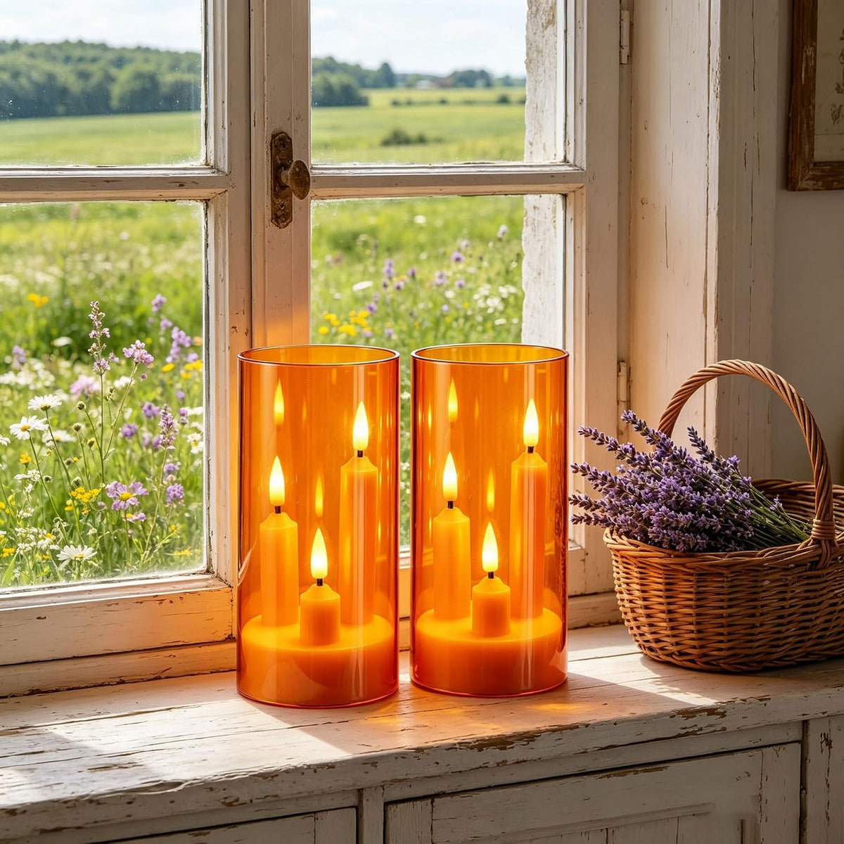 2 Pack 3D Wick Flameless Taper Candles, Orange Transparent Acrylic Cover, Remote Control Flickering LED Electric Candles, Battery Operated for Halloween Thanksgiving Christmas Home Decor.