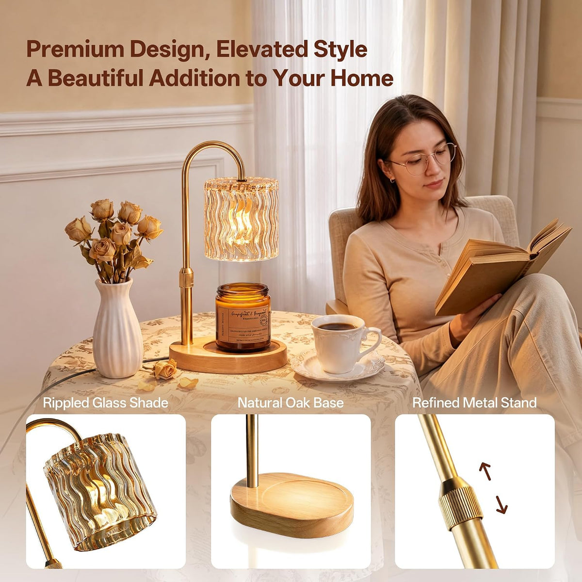Decorative Ripple Glass Candle Warmer Lamp, Dimmable | Gold Warmer Lamp with Timer Adjustable Height, Flameless Cozy Warmer Home Décor for Bedroom, Bathroom, Tea Room, Rest Room