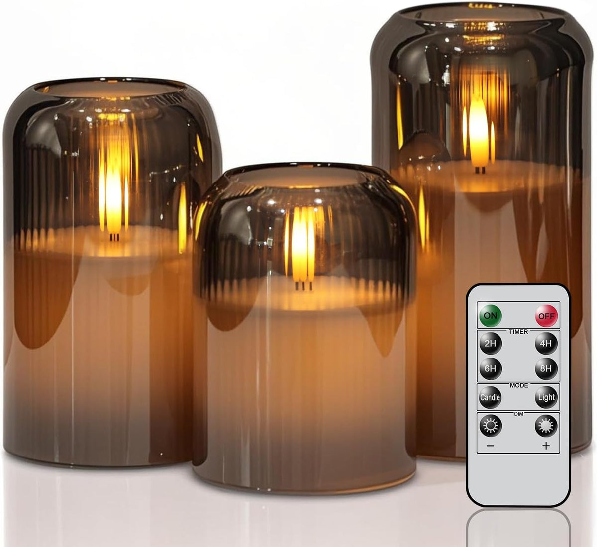 Striped Glass Flameless Candles Battery Operated with Remote Timer | Gold LED Flickering Pillar Candle, 3D Wick Long Lasting, Dinner Wedding Christmas Holiday Decor, 3"D X 4",5",6"H, 3 Pack