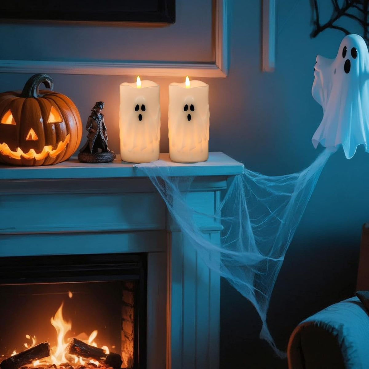 Halloween Ghost Flameless LED Pillar Candles with Remote Timer | Realistic 3D Wick Flickering, Real Wax Ghost Relief Long Lasting, Cute Spooky Halloween Indoor Decor, 3"D X 6.5"H, 2 Pack