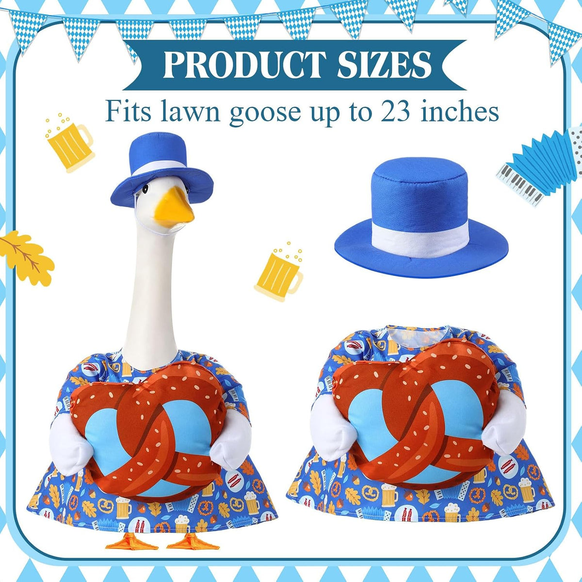 1 Set Oktoberfest Goose Outfit 23 Inch Hat Cape Pretzel,Bread | Bavarian Costume for Cement Statue, Blue Felt Hat with Ribbon, Pretzel Decor, Patterned Cape, Porch Yard Garden Outdoor