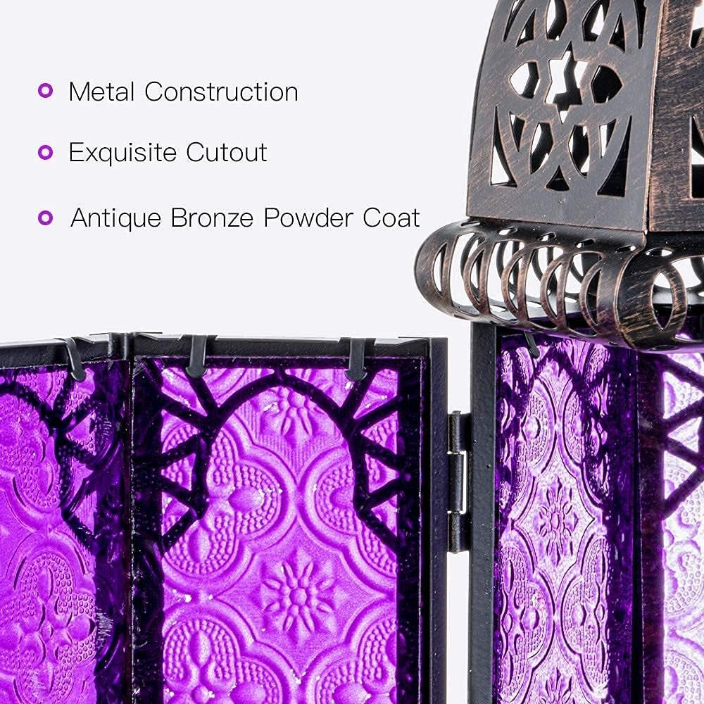 Halloween Decorations Indoor, Purple Decorative Candle Lantern for Moroccan Light Decor, 12.8’’ Vintage Metal Hanging&Tabletop Lantern, Ramadan Lantern for Home Outdoor Patio(Purple)
