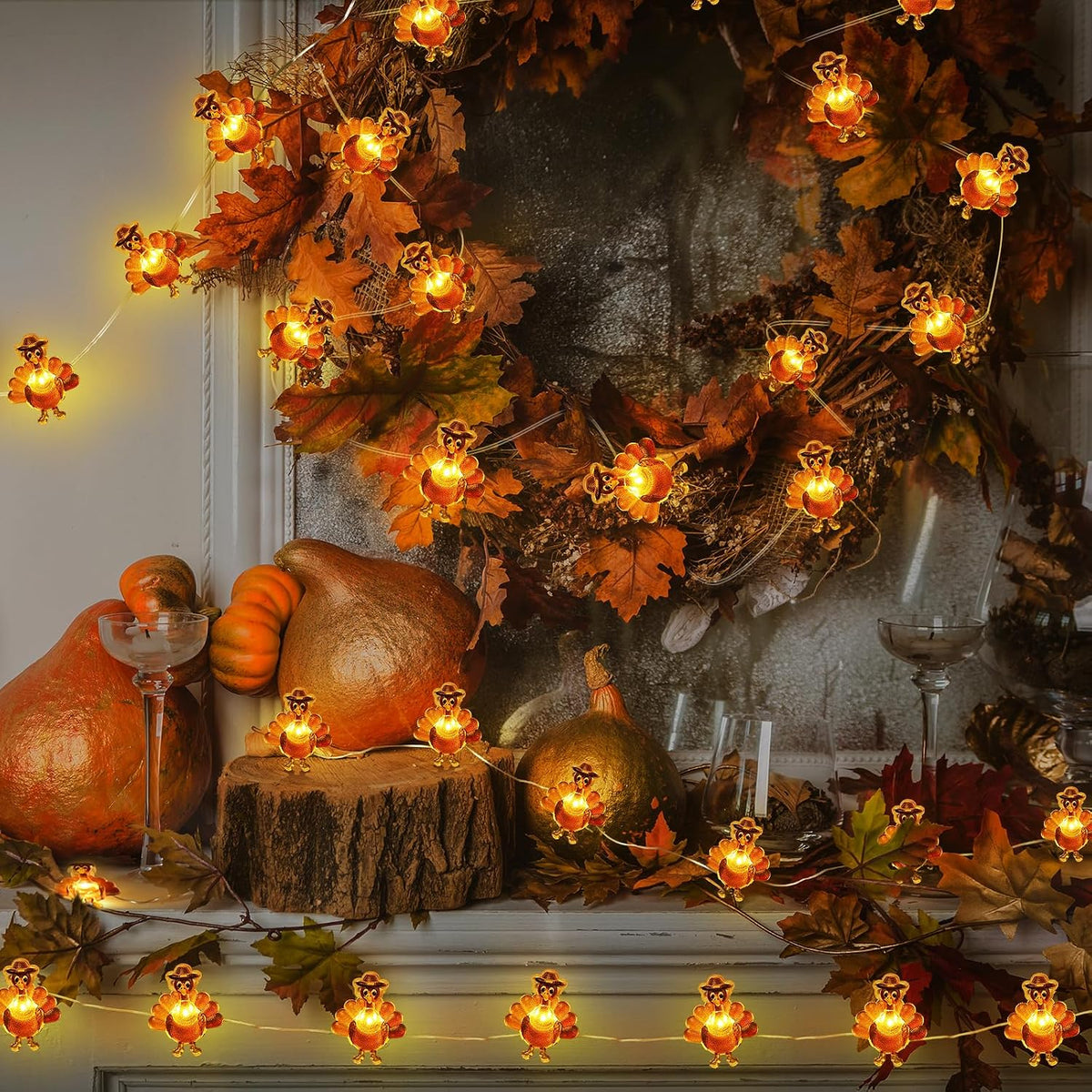 [Timer] Fall Thanksgiving Turkey Lights Decorations Thanksgiving Lights | 10FT 30LED Copper Wire Fairy Lights Turkey Decor, Thanksgiving Lights Indoor Outdoor Home Party Autumn Harvest Fall Decor