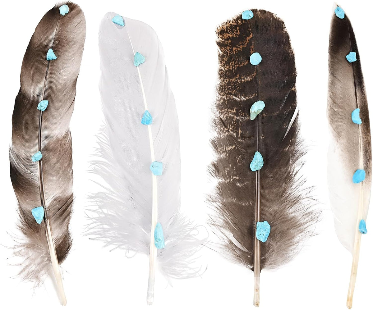 4PCS Hat Feathers Handmade Turquoise Studded Natural Feathers for DIY Craft Fedora Cowboy Oktoberfest Trilby Hats Holiday Party Accessories Decorations