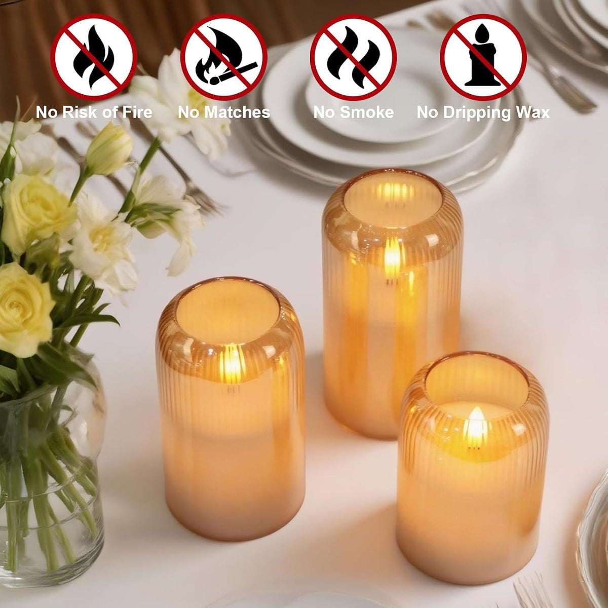 Striped Glass Flameless Candles Battery Operated with Remote Timer | Gray LED Flickering Pillar Candle, 3D Wick Long Lasting, Dinner Wedding Christmas Holiday Decor, 3"D X 4",5",6"H, 3 Pack