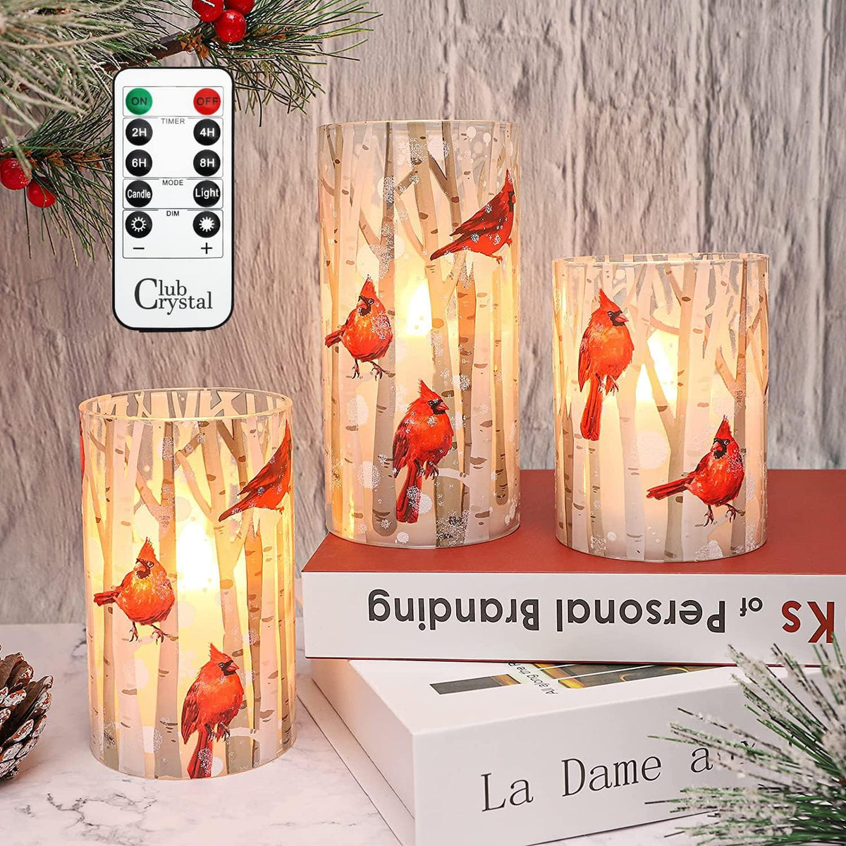 Christmas Flameless Candles with Remote, Cardinal Theme | Battery Operated LED Candles with Timer, Real Wax & Glass Effect Candle for Christmas Home Festival Décor, Set of 3