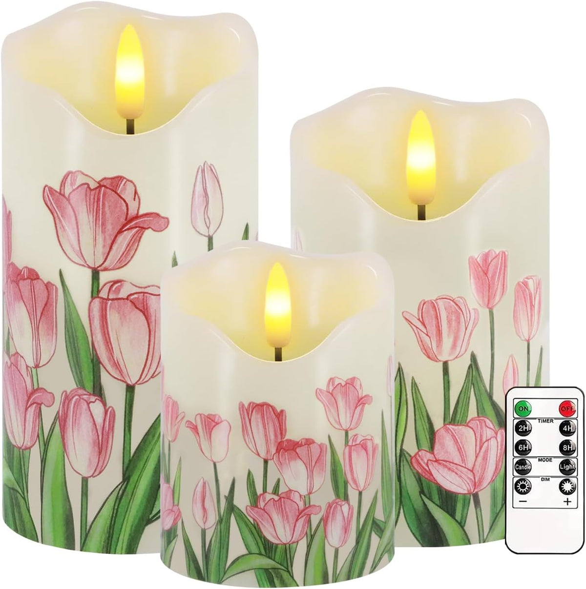 Tulip Flameless Candles Set of 3, Spring LED Candles with Remote & Timer | Flickering Real Wax Pillar Candles Battery Operated, Dimmable Electric LED Candles Light for Mother'S Day Spring Easter Decor