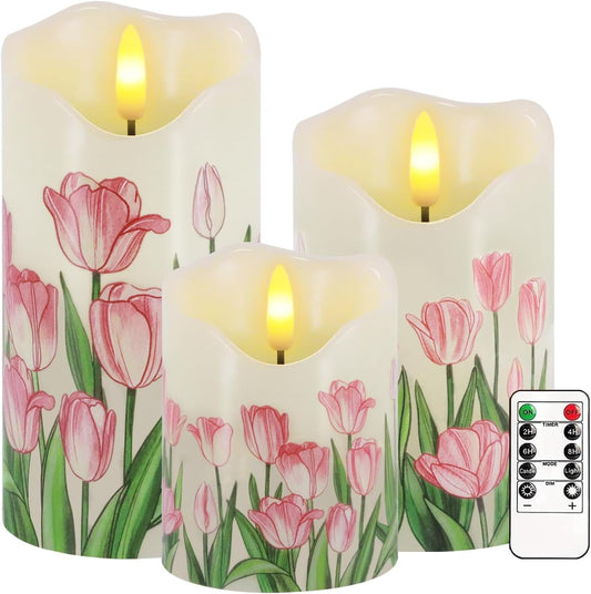 Tulip Flameless Candles Set of 3, Spring LED Candles with Remote & Timer | Flickering Real Wax Pillar Candles Battery Operated, Dimmable Electric LED Candles Light for Mother'S Day Spring Easter Decor