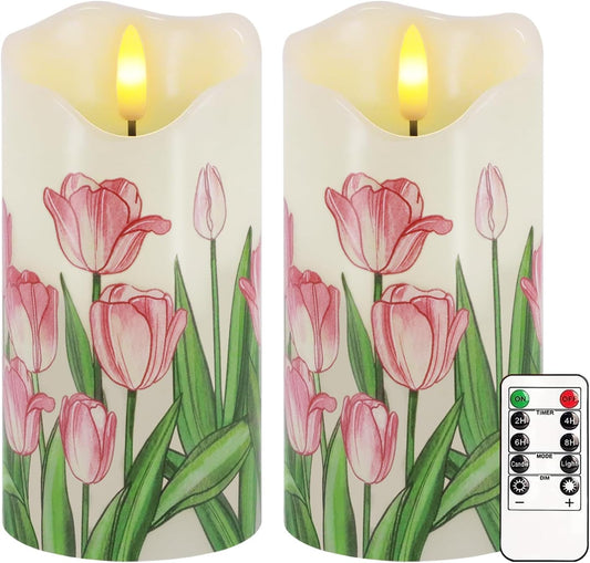 Tulip Flameless Candles Set of 2, 6"X3" Spring Candles with Remote & Timer | Flickering Real Wax Pillar Candles Battery Operated, Dimmable Electric LED Candles Light for Mother'S Day Spring Easter Decor