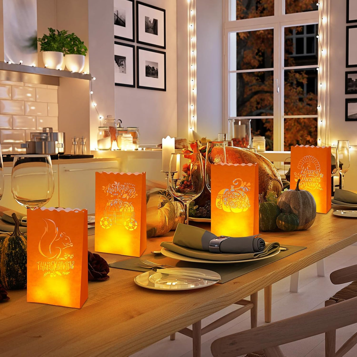 24 Thanksgiving Luminary Bags with LED Lights, 6 Designs Orange | Flame Resistant Paper Lantern for Party, Includes Flameless Candles, Squirrel Turkey Pumpkin Maple Leaf Autumn Patterns