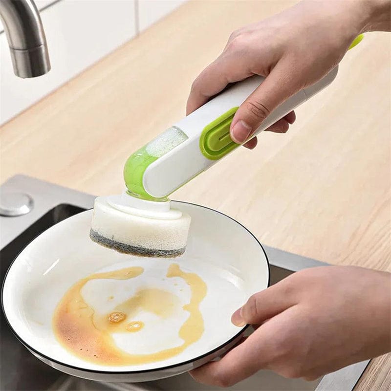 Long-Handle Dish Cleaning Brush with Liquid Dispenser – Multi-Functional Washing Up Brush with 2 Replacement Heads