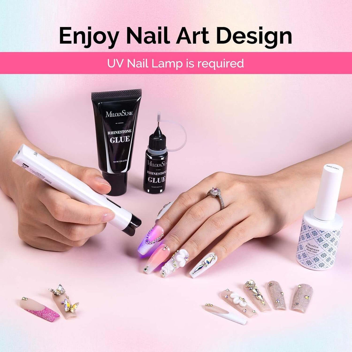 Nail Rhinestone Glue Set, 3D Gel Nail Art Design Strong Adhesive Nail Gem Glue for Nail Charms Gems Jewelry Decoration DIY Manicured at Home Cured Need Beauty Gifts for Women | 30G+12Ml, Strong Adhesive 28+ Day Hold,Clear Gel,Gap Filling, Small Charms, Glitter, Pearls and Sequins, 3D Sculpting