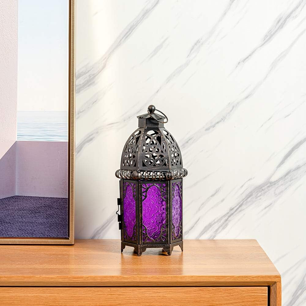 Halloween Decorations Indoor, Purple Decorative Candle Lantern for Moroccan Light Decor, 12.8’’ Vintage Metal Hanging&Tabletop Lantern, Ramadan Lantern for Home Outdoor Patio(Purple)