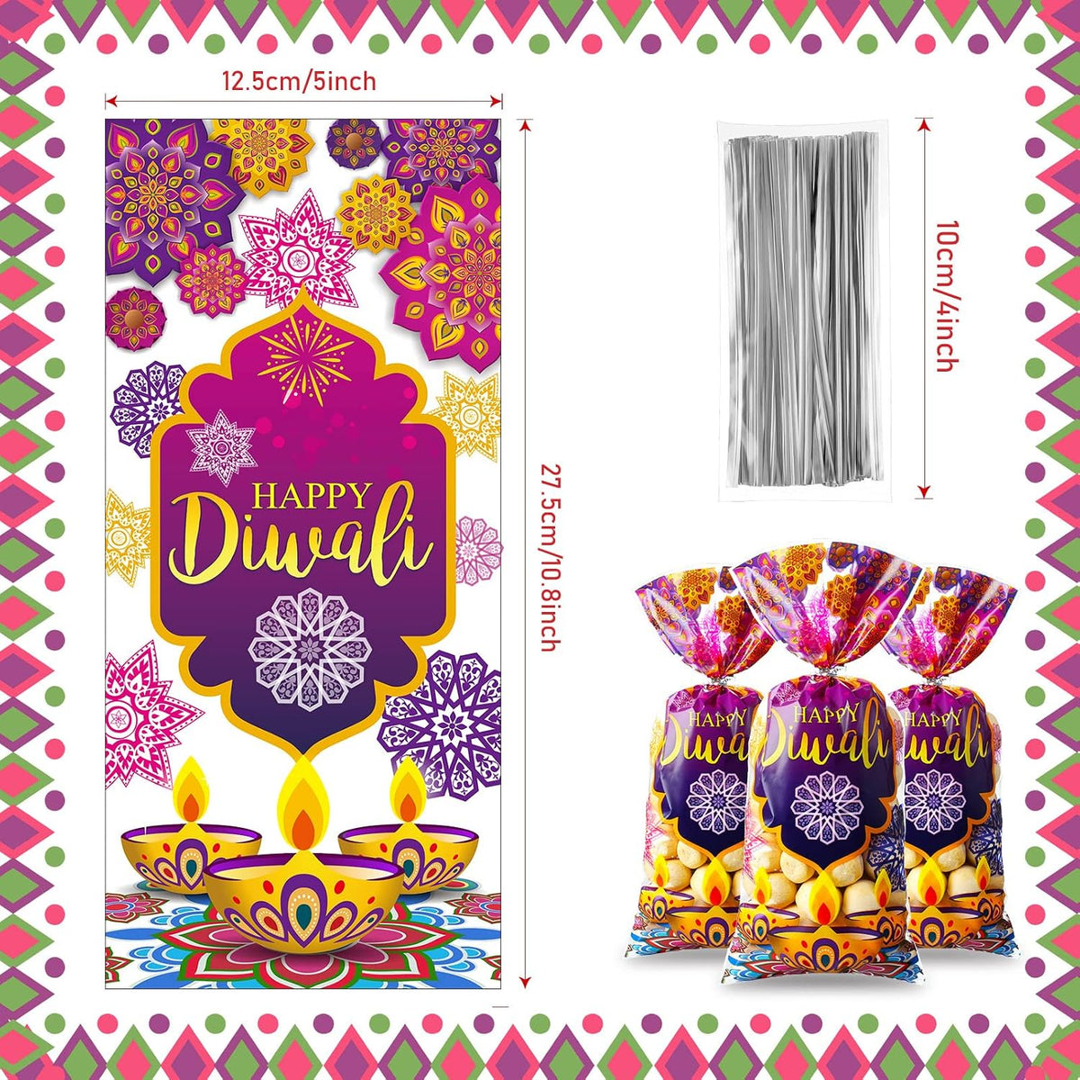 100 Pieces Happy Diwali Party Favor Bags, Festival of Lights Gift Candy Bags with Twist Ties Cellophane Plastic Treat Goodie for Party, Indian Celebration Supplies Decoration
