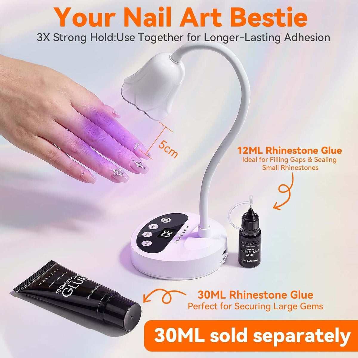 2Pcs Rhinestone Glue, Strong Hold 3D Gel Nail Art Nail Gem Glue | UV Cured Nail Glue for Nail Charms and Gems Jewelry Diamond for DIY Manicured at Home Beauty Gifts for Women