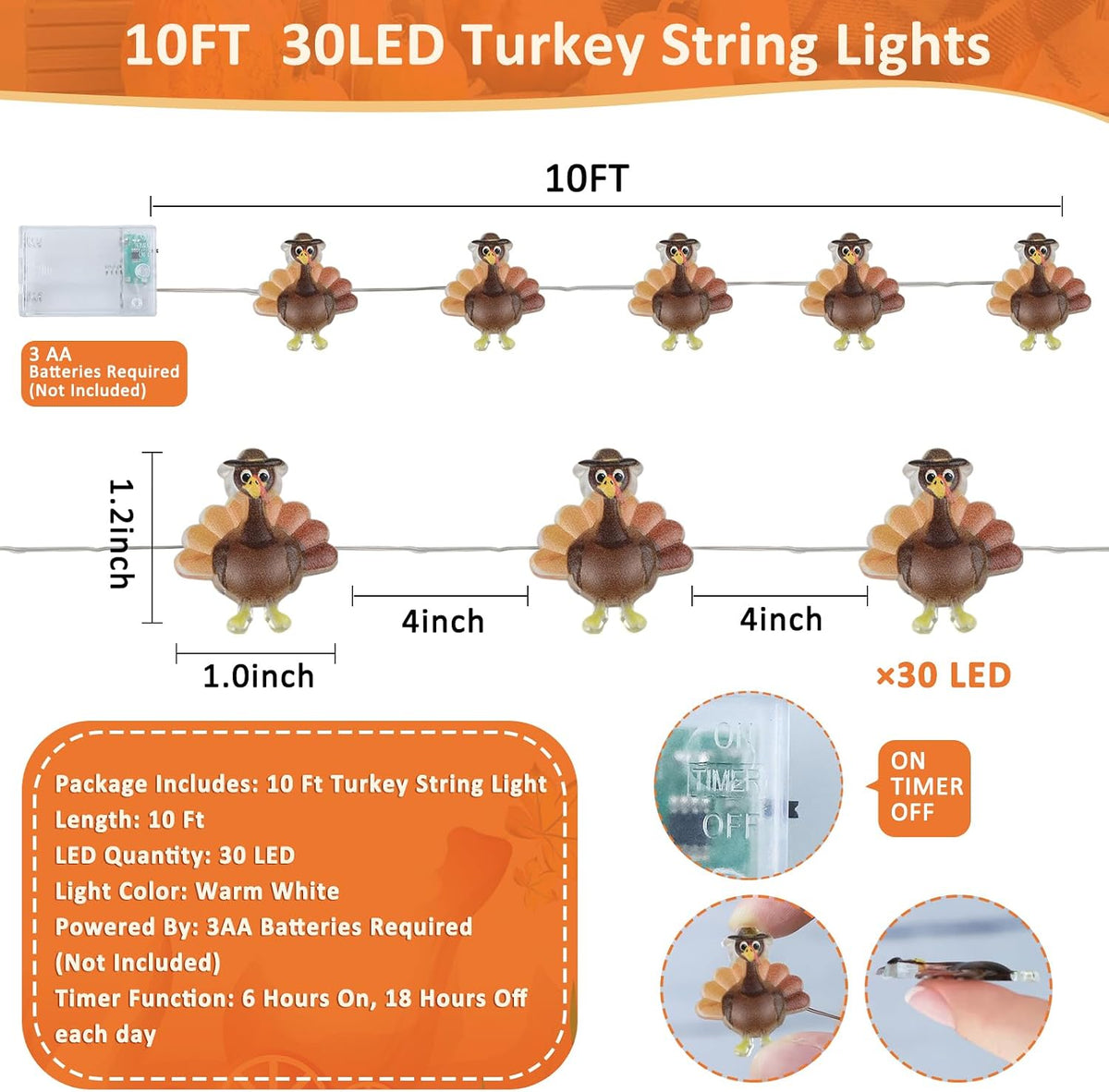 [Timer] Fall Thanksgiving Turkey Lights Decorations Thanksgiving Lights | 10FT 30LED Copper Wire Fairy Lights Turkey Decor, Thanksgiving Lights Indoor Outdoor Home Party Autumn Harvest Fall Decor