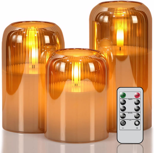 Striped Glass Flameless Candles Battery Operated with Remote Timer | Gray LED Flickering Pillar Candle, 3D Wick Long Lasting, Dinner Wedding Christmas Holiday Decor, 3"D X 4",5",6"H, 3 Pack