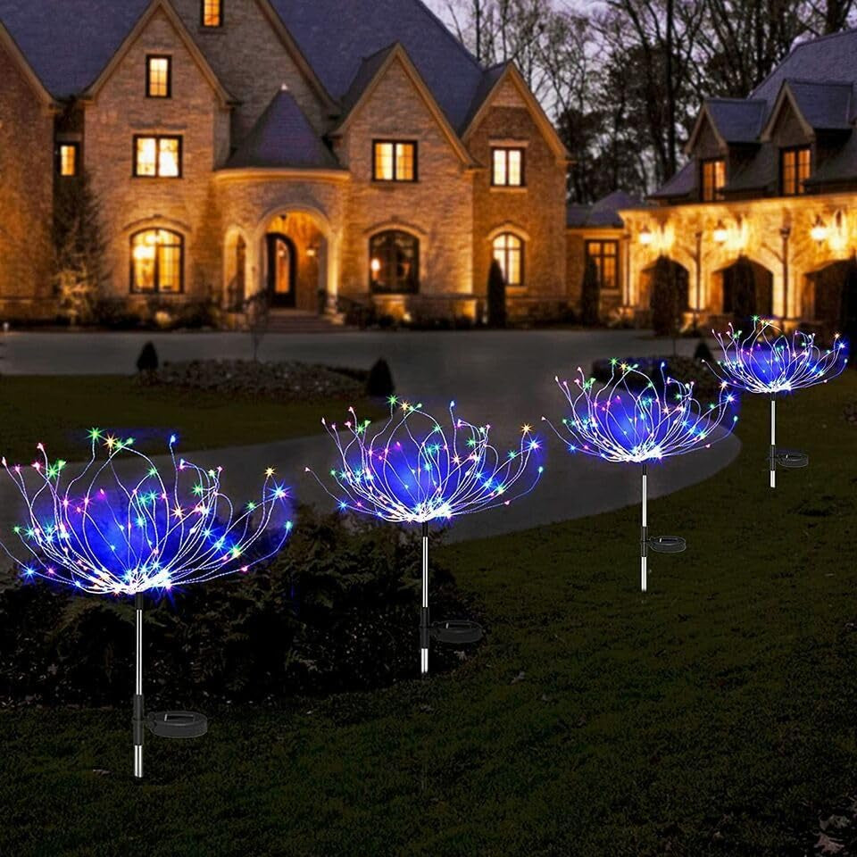 Solar Fireworks Lights for Outside, 200LED 8 Modes Fireworks Solar Lights, Fairy Garden Flowers Lights for Yard Pathway Wedding Party Christmas Diwali Garden Decor 2 Pack (Multicolor)