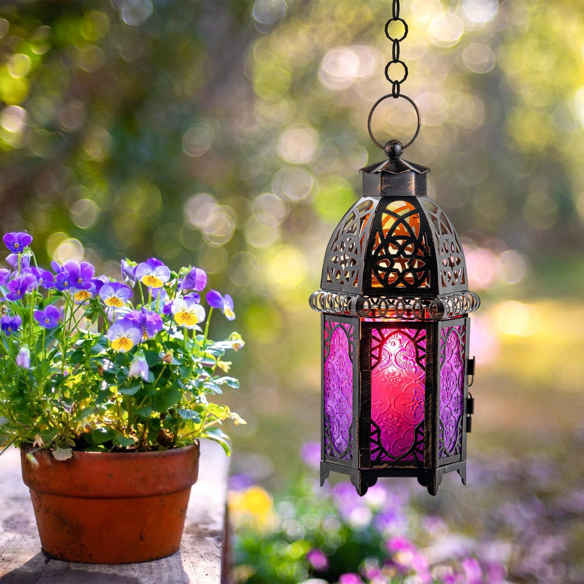 Halloween Decorations Indoor, Purple Decorative Candle Lantern for Moroccan Light Decor, 12.8’’ Vintage Metal Hanging&Tabletop Lantern, Ramadan Lantern for Home Outdoor Patio(Purple)