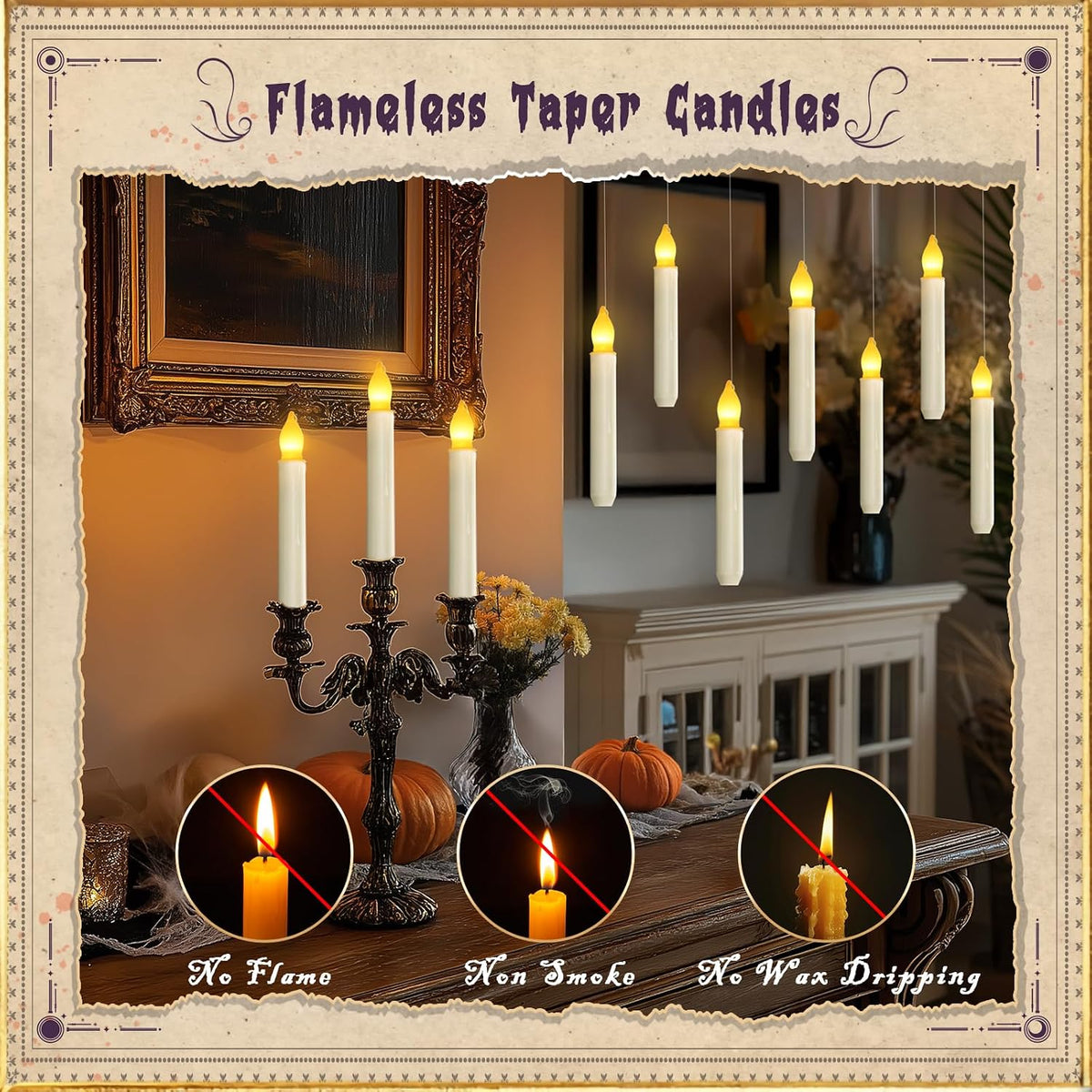 20 Pcs Floating Candles with 2 Wand, LED Warm Yellow Magic Deco Candle, Warm Yellow Flameless Taper Candles for Halloween Party Decor