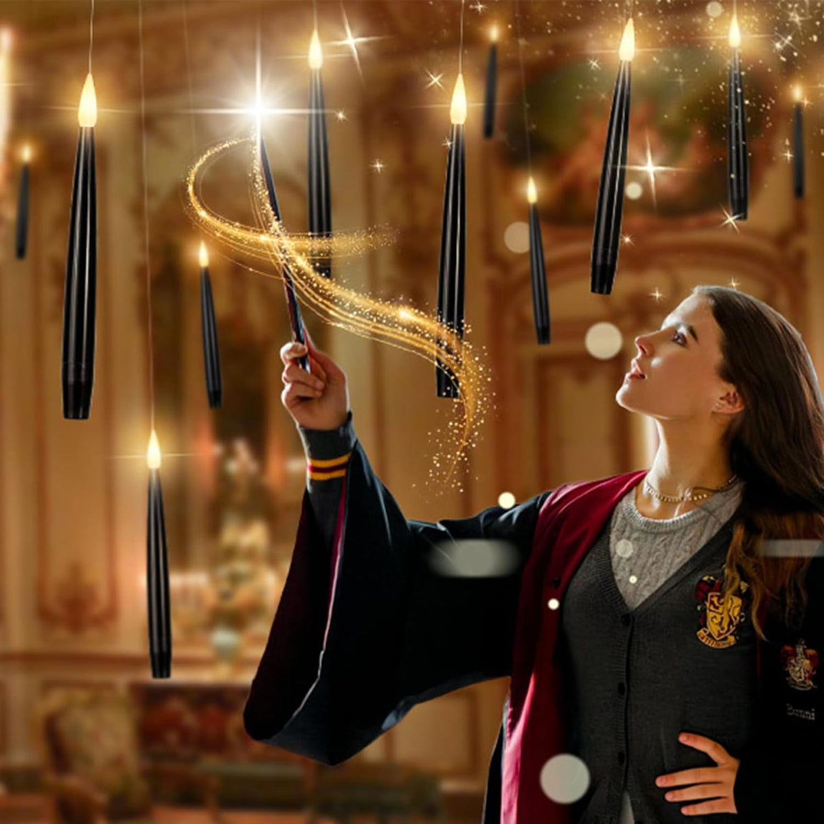 Floating Candles with Wand, Halloween Magic Flameless Candles | 10 Pack Magic Hanging Candles, Black Flameless Taper Candles with Wand Remote, Halloween Battery Candlesticks