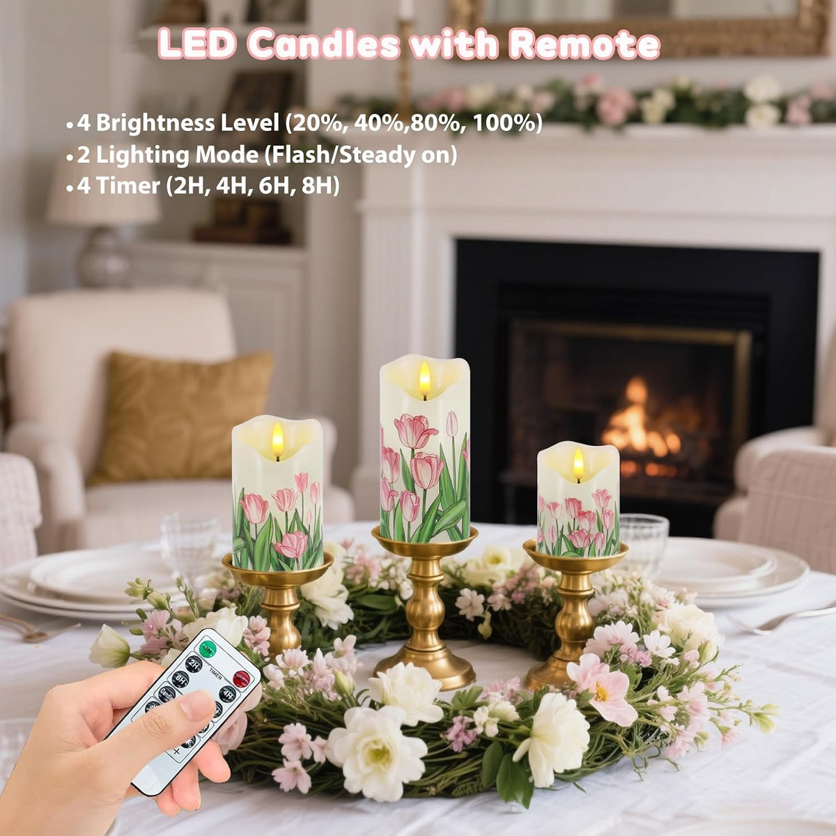 Tulip Flameless Candles Set of 3, Spring LED Candles with Remote & Timer | Flickering Real Wax Pillar Candles Battery Operated, Dimmable Electric LED Candles Light for Mother'S Day Spring Easter Decor