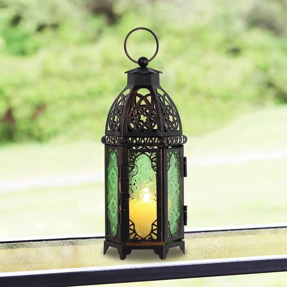 Christmas Decorations for Home, 11’’ Medium Size Vintage Metal Hanging&Tabletop Candle Holder Decor, Halloween Ramadan Decorations for Indoor Outdoor Porch Patio (Green)