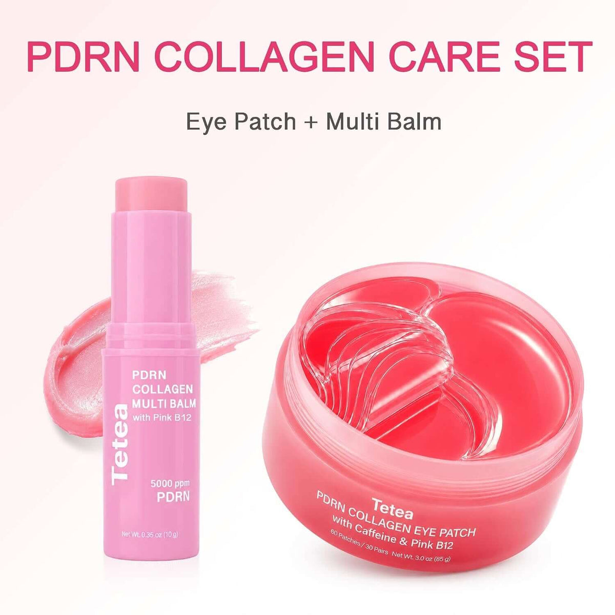 PDRN Pink Collagen Multi Balm Stick & under Eye Patch Set, 0.32 Oz | Caffeine and Pink B12, Hydrating Care, for under Eyes, Face, Neck and Lips, 60 Eye Patches