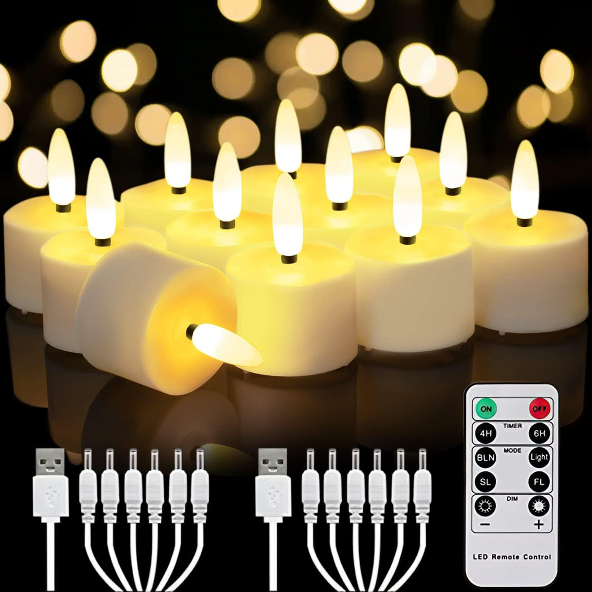 12-Pack Rechargeable Tea Lights Candles with Remote, 4H/6H Timer | Flameless Flickering Battery Operated LED Tealights, Recharge All 6 Together, for Pumpkins, Luminarias and Centerpieces