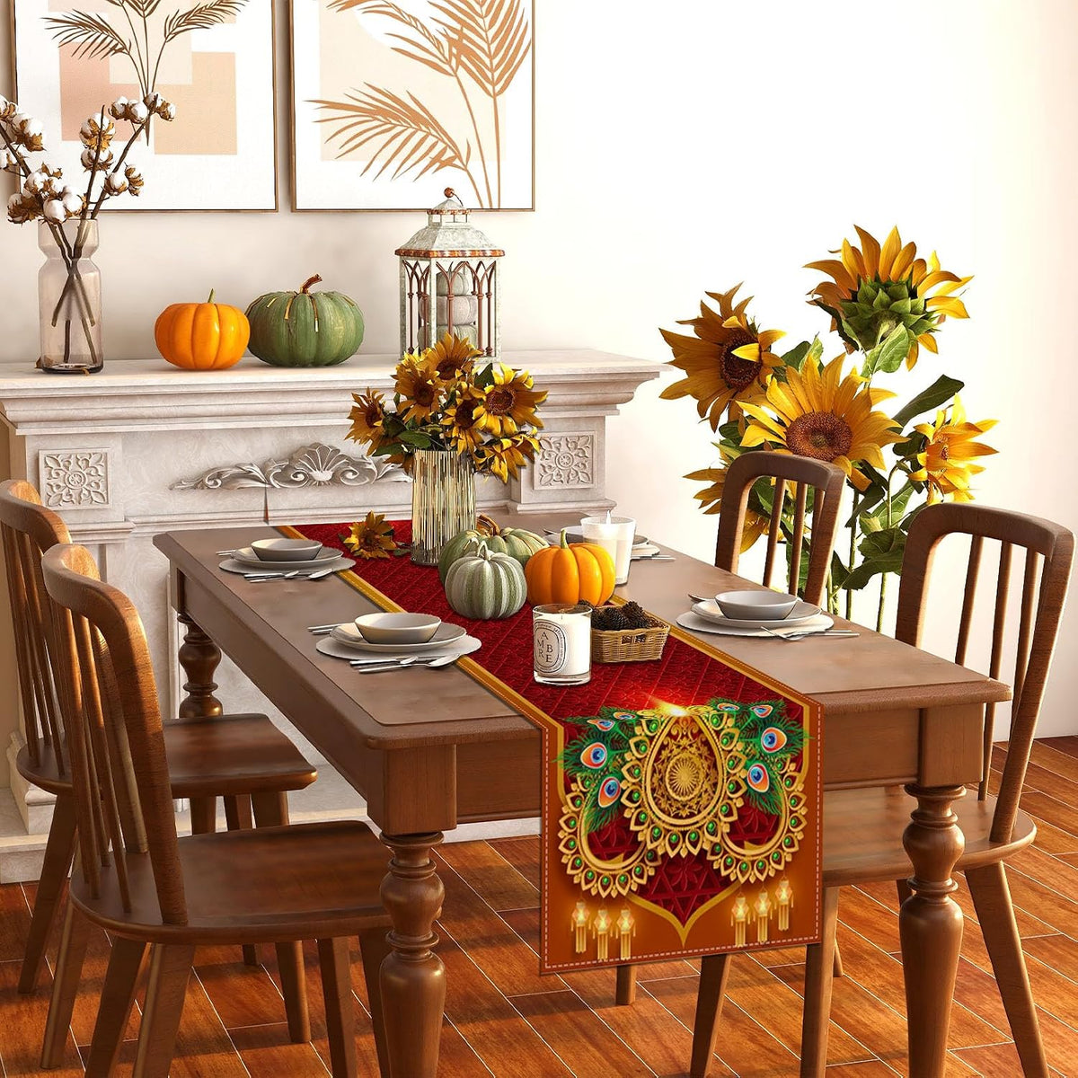 Diwali Table Runner Happy Diwali Tablecloth Indian Deepavali Decor Festival of Lights Decoration and Supplies for Home Kitchen Table-13×72''