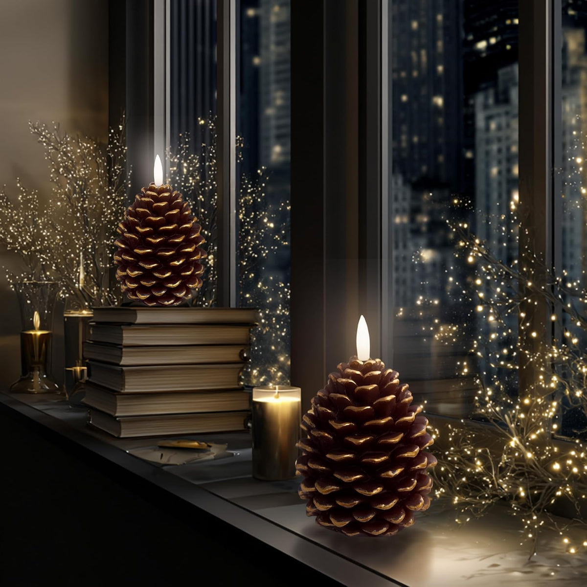 Pine Cone Candles, 2 Pack Flameless LED Wax Timer (Golden Brown) | Flameless LED Pine Cone Candles with Remote & Timer – Real Wax, Flickering Flame, Christmas & Fall Decor