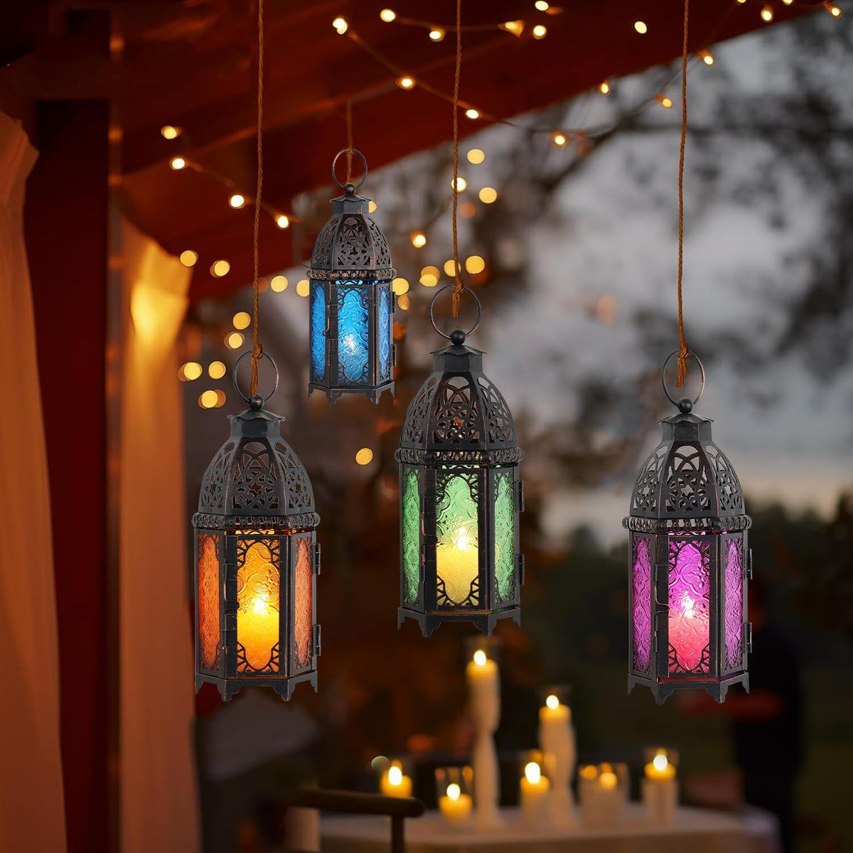 Set of 2 Moroccan Lanterns Decorative Indoor & Outdoor, 11’’ Medium Size Vintage Metal Hanging&Tabletop Candle Holder Decor, Halloween Christmas Ramadan Decorations for Home (Amber)